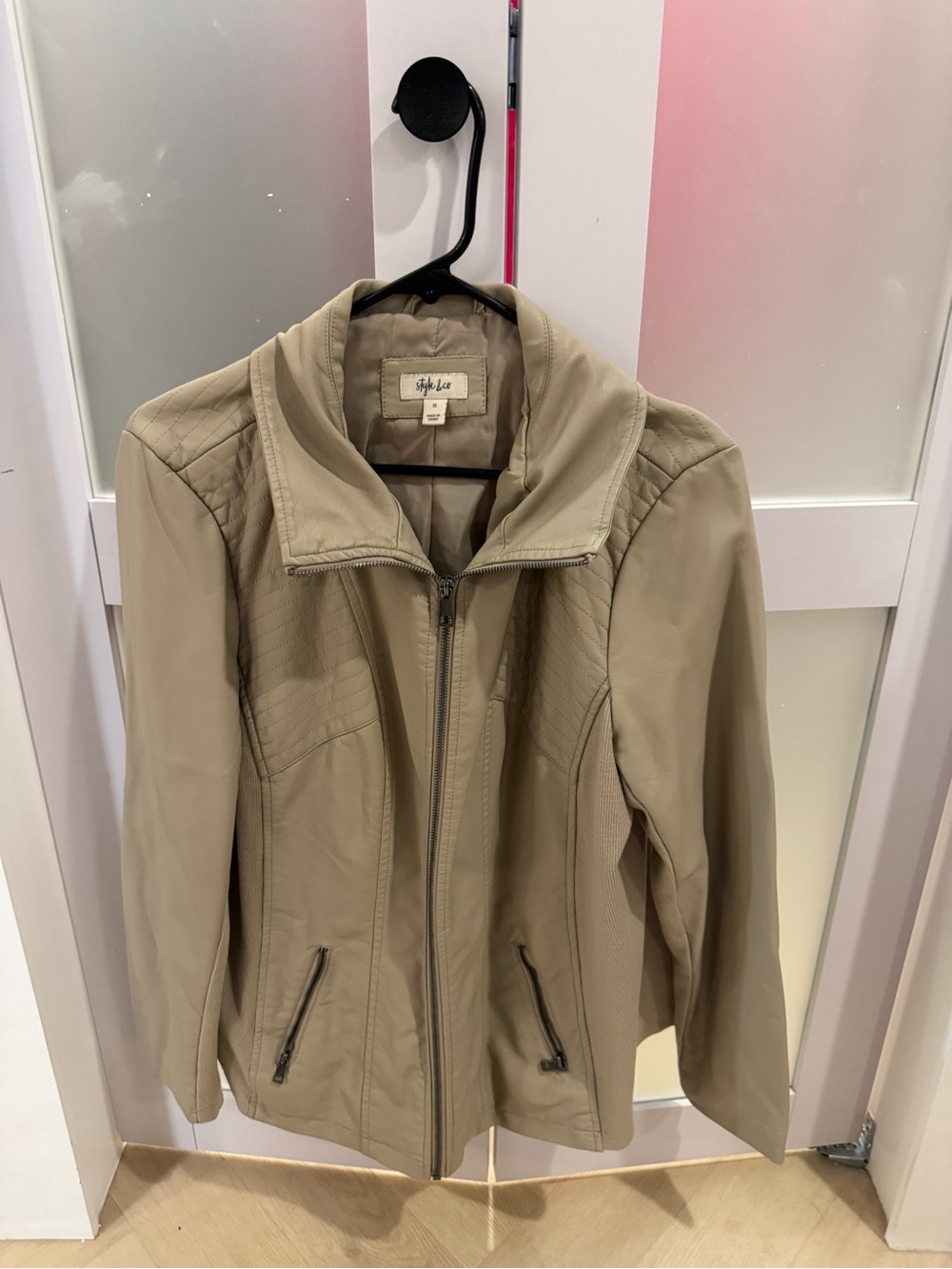 Style & Co. Women's Beige Taupe Zip-Front Faux Leather Jacket
